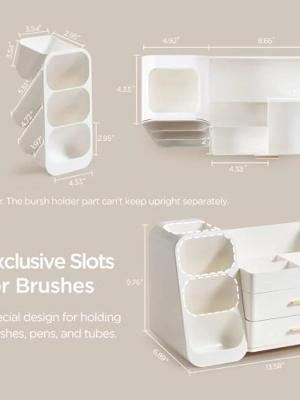 Makeup Organizer with Brush Holder for Vanity, Large Plastic